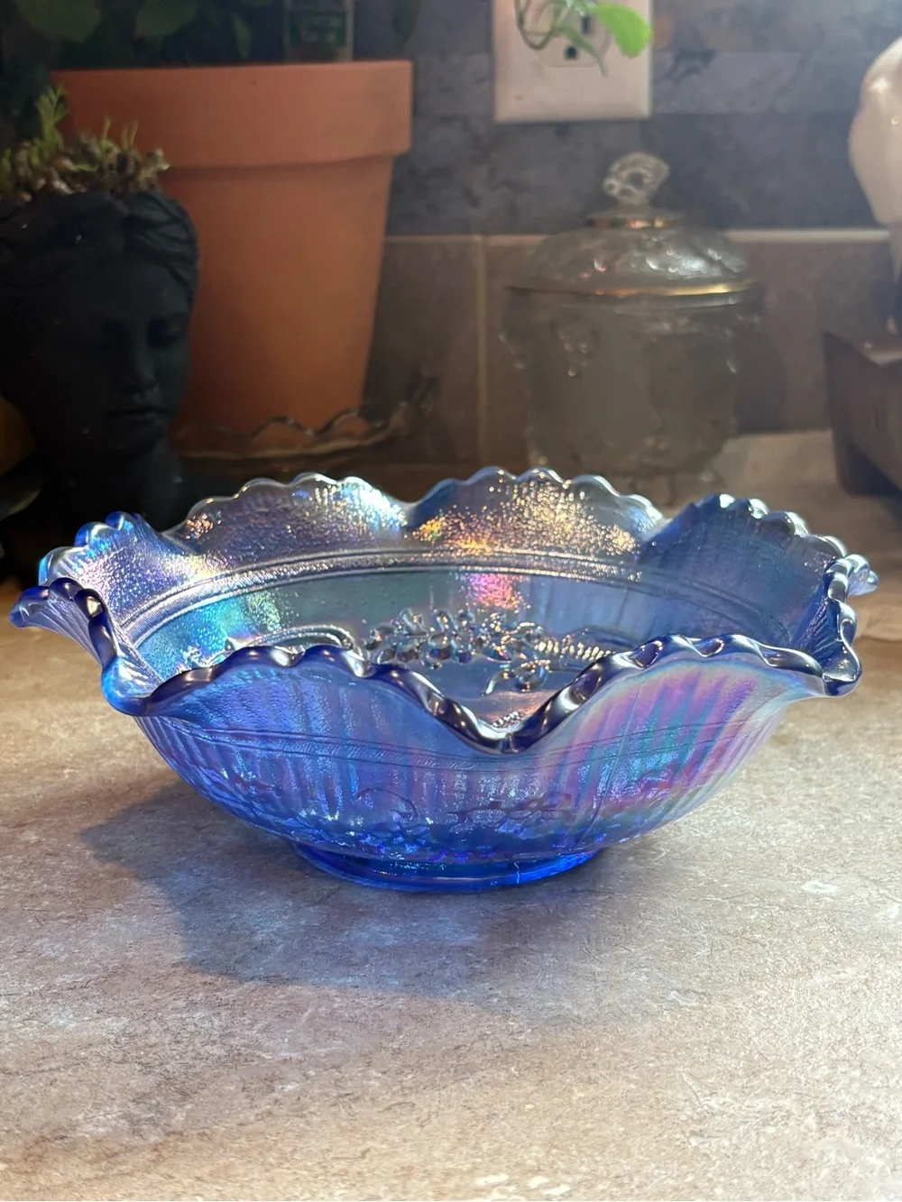 Vintage L.E Smith Carnival Glass Windmill Iridescent Blue Ruffled Glass Bowl 8”